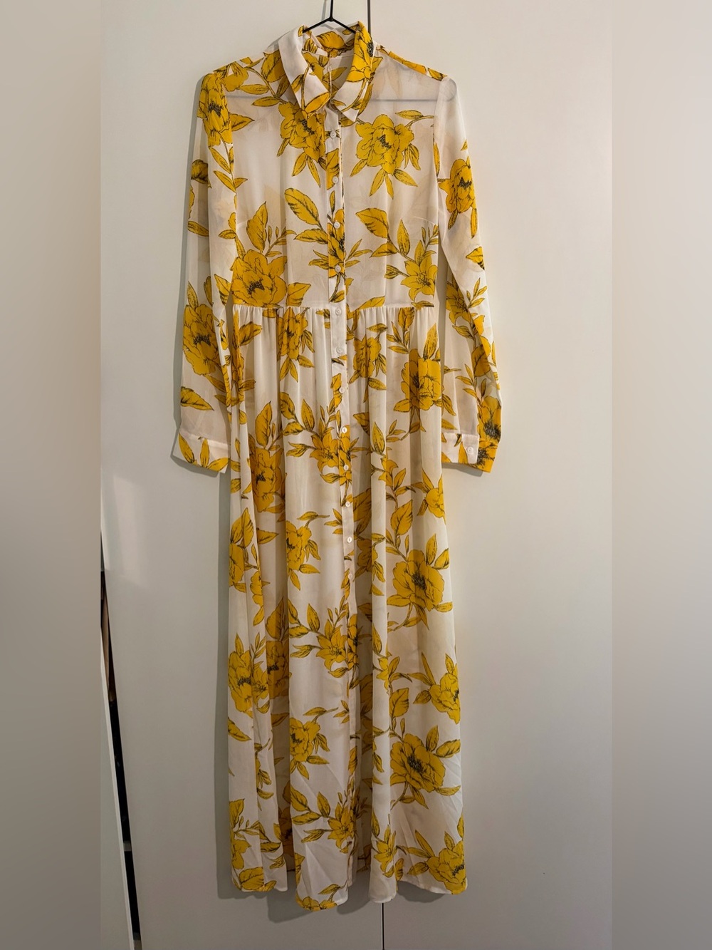 Sheer Yellow Floral Button-Front Maxi Dress - XS- small